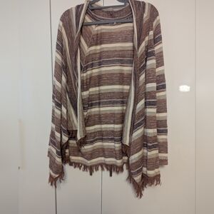 Striped Knit Open Cardigan with Fringe Bottom